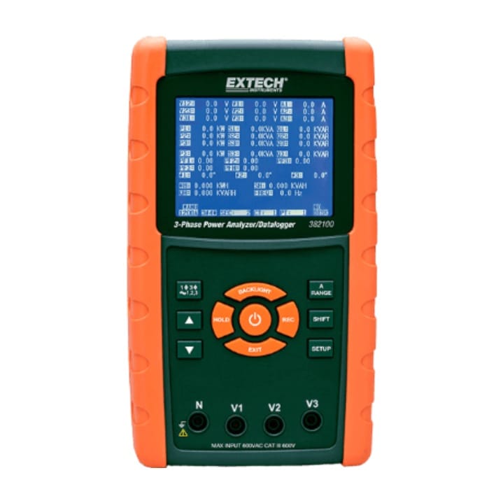 Extech 382100 1200A 3-Phase Power Analyzer Datalogger with sun-readable dot matrix backlit LCD