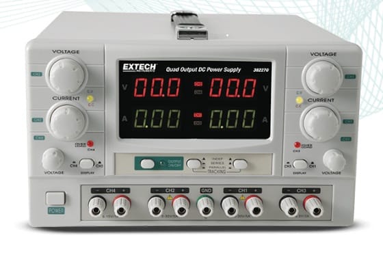 Extech 382270 quad output DC power supply with two independent 30V 5A rails plus two fixed auxiliary outputs