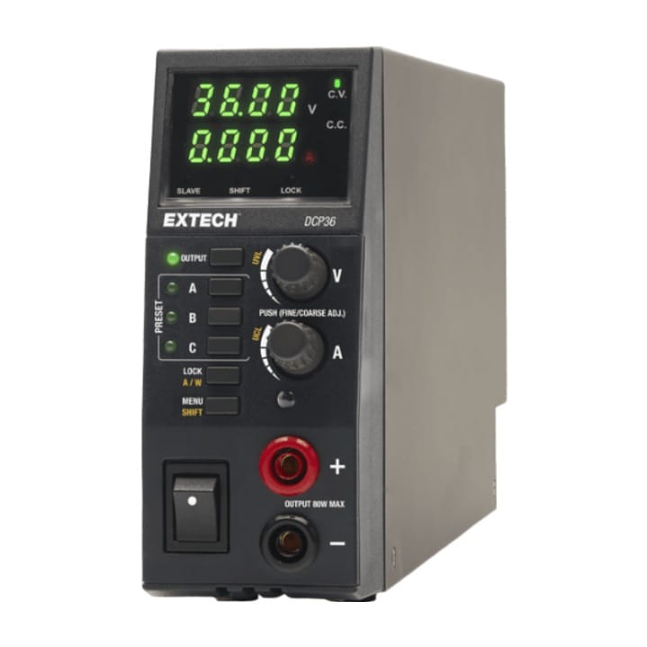 Extech DCP36 80W switching mode DC power supply with four-digit LED displays and programmable presets