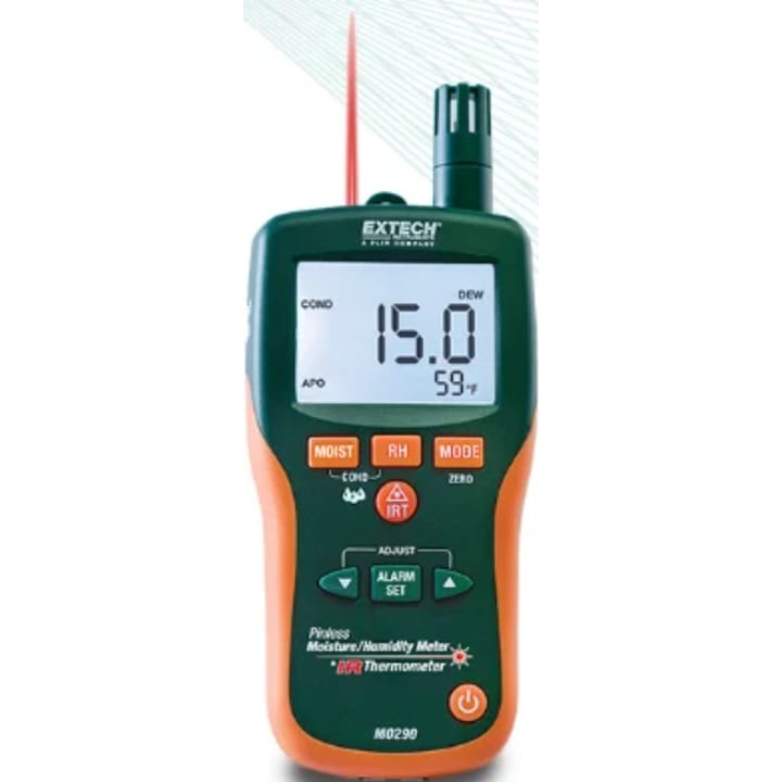 Extech MO290 8-in-1 pinless moisture psychrometer with built-in infrared thermometer and dual display