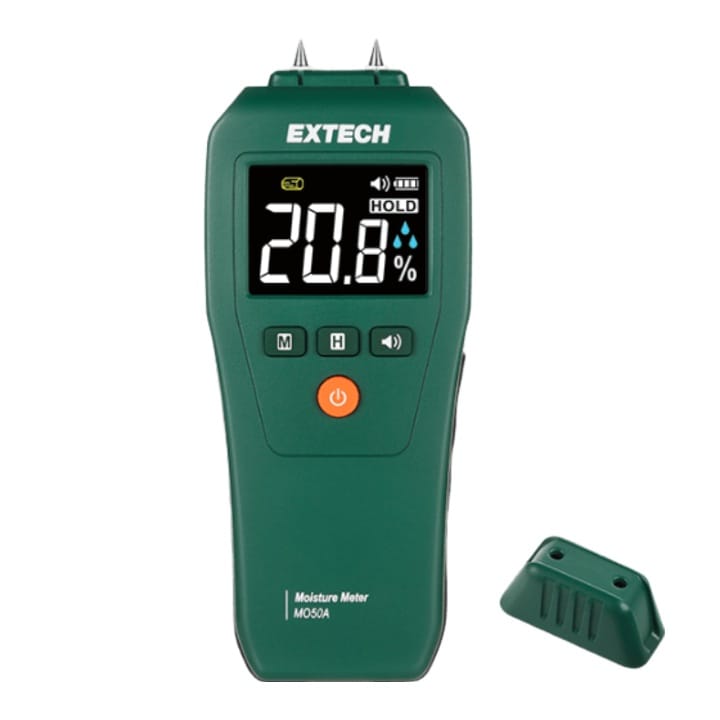Extech MO50A compact pin moisture meter with high-contrast colour LCD and protective cap