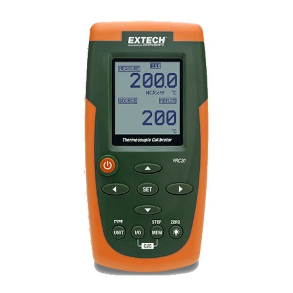 Extech PRC20 Thermocouple Calibrator sourcing eight thermocouple types with output in Celsius Fahrenheit or millivolts
