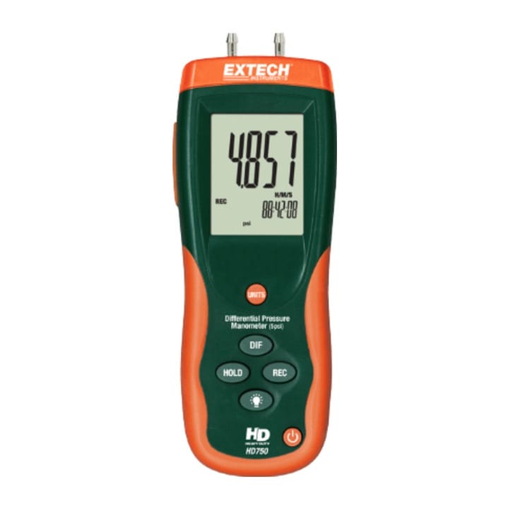 Extech HD750 differential pressure manometer, 5 psi range, with double-moulded housing and built-in stand