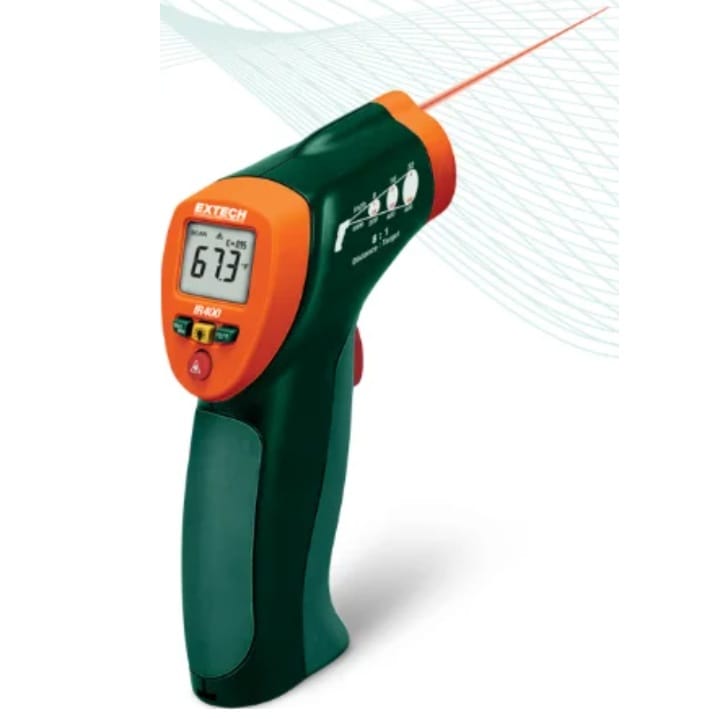 Extech IR400 Mini IR Thermometer with single laser pointer and backlit display for HVAC use