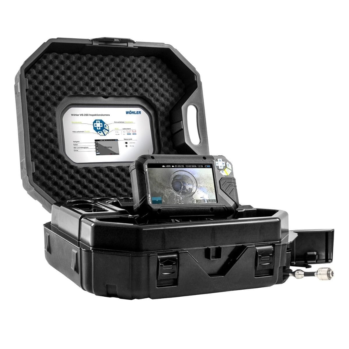 Wöhler VIS 260 inspection camera with 7 inch colour monitor and 26 mm camera head for small drains