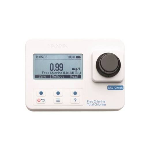 Hanna HI97711 free and total chlorine portable photometer with CAL Check reading 0.99 mg/L