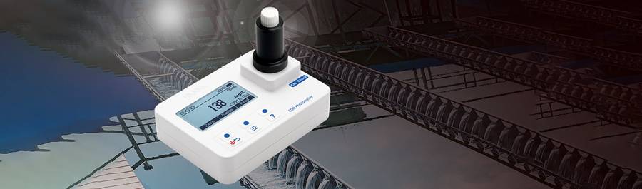 Hanna portable photometer above a water treatment works